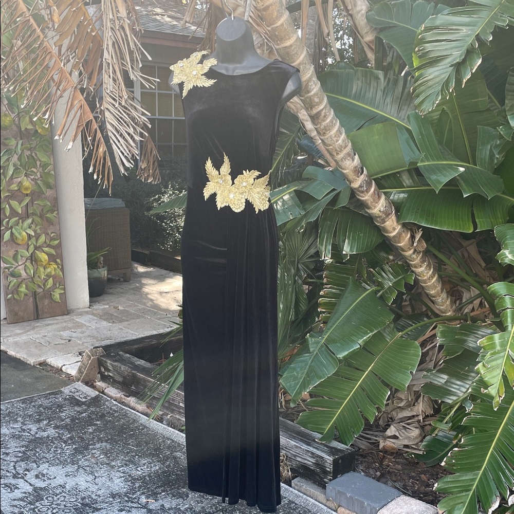 style wear black velvet dress with gold goddess sequin embellishment